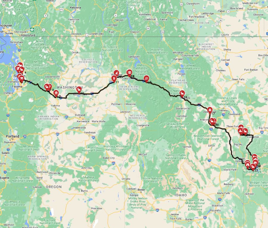 Map for Seattle to Bozeman - Emerald City to Big Sky Bliss